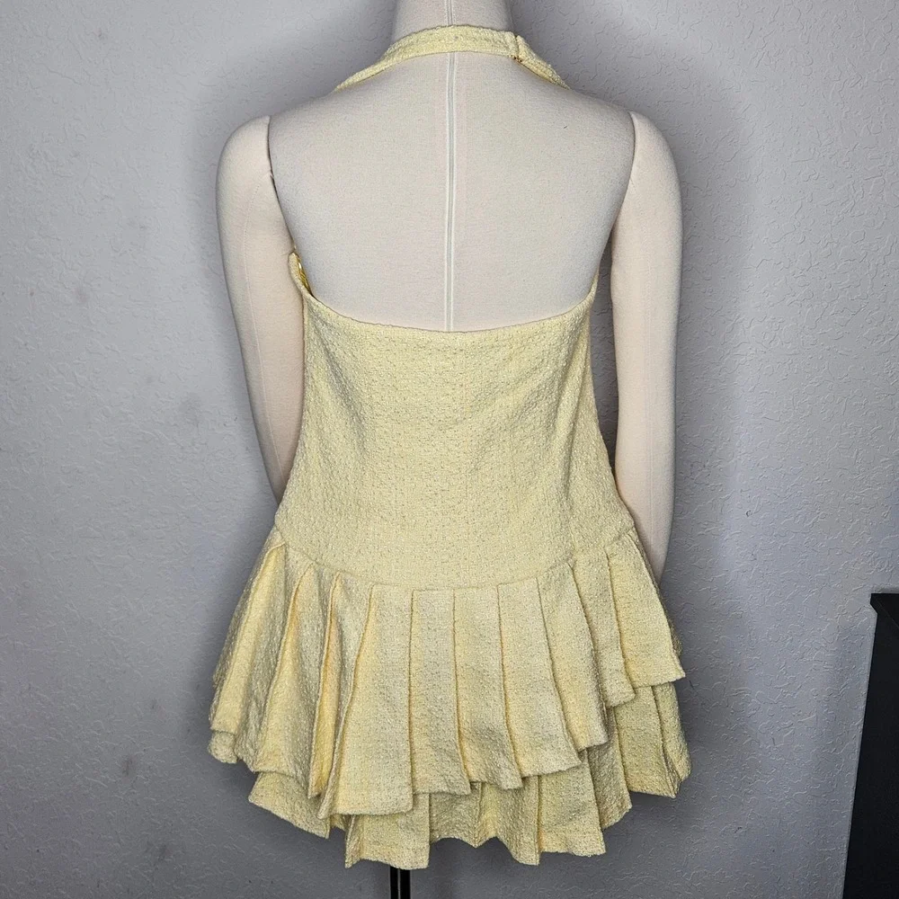 Oh Polly Butter Yellow Tweed Halter Mini Dress Pleated Ruffle Coquette US 10